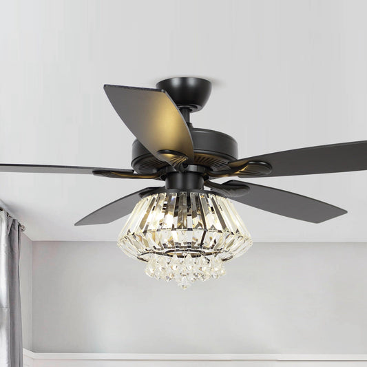 Vaczon 52'' Farmhouse Ceiling Fan with Light & Remote - Black Caged Fandelier Style, Crystal Chandelier with 6 Speeds,Reversible Motor
