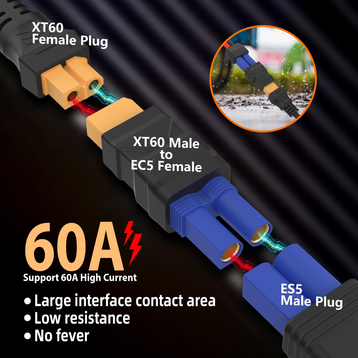 New XT60 Connector EC5 Connector XT60 Male to EC5 Female Connector XT60 Extension Cable Terminal,No Wires Connectors RC Battery Adapter, RC Cars