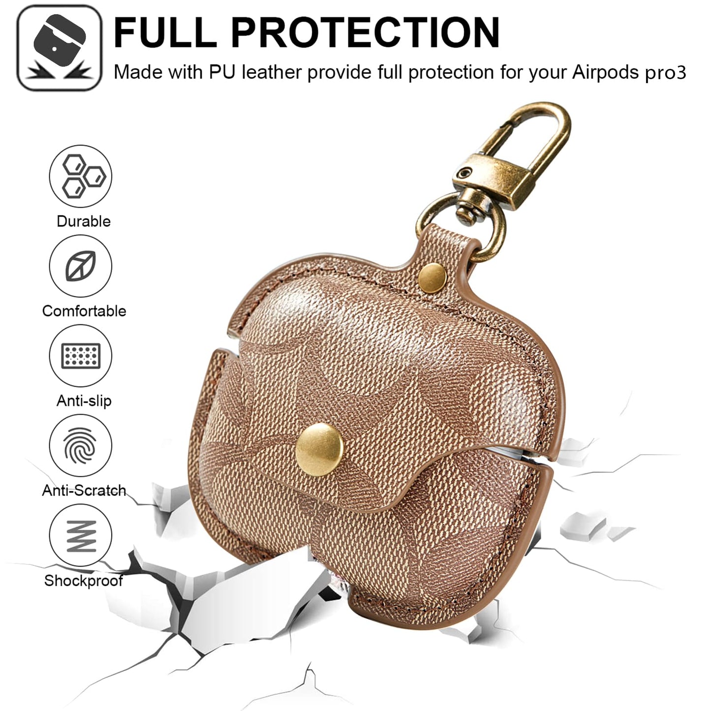 for AirPods Pro 3 Case, Leather Cute Full Body Shockproof Protective Cover for AirPods Pro 3nd Generation Case for Women Men with Keychain, Brown