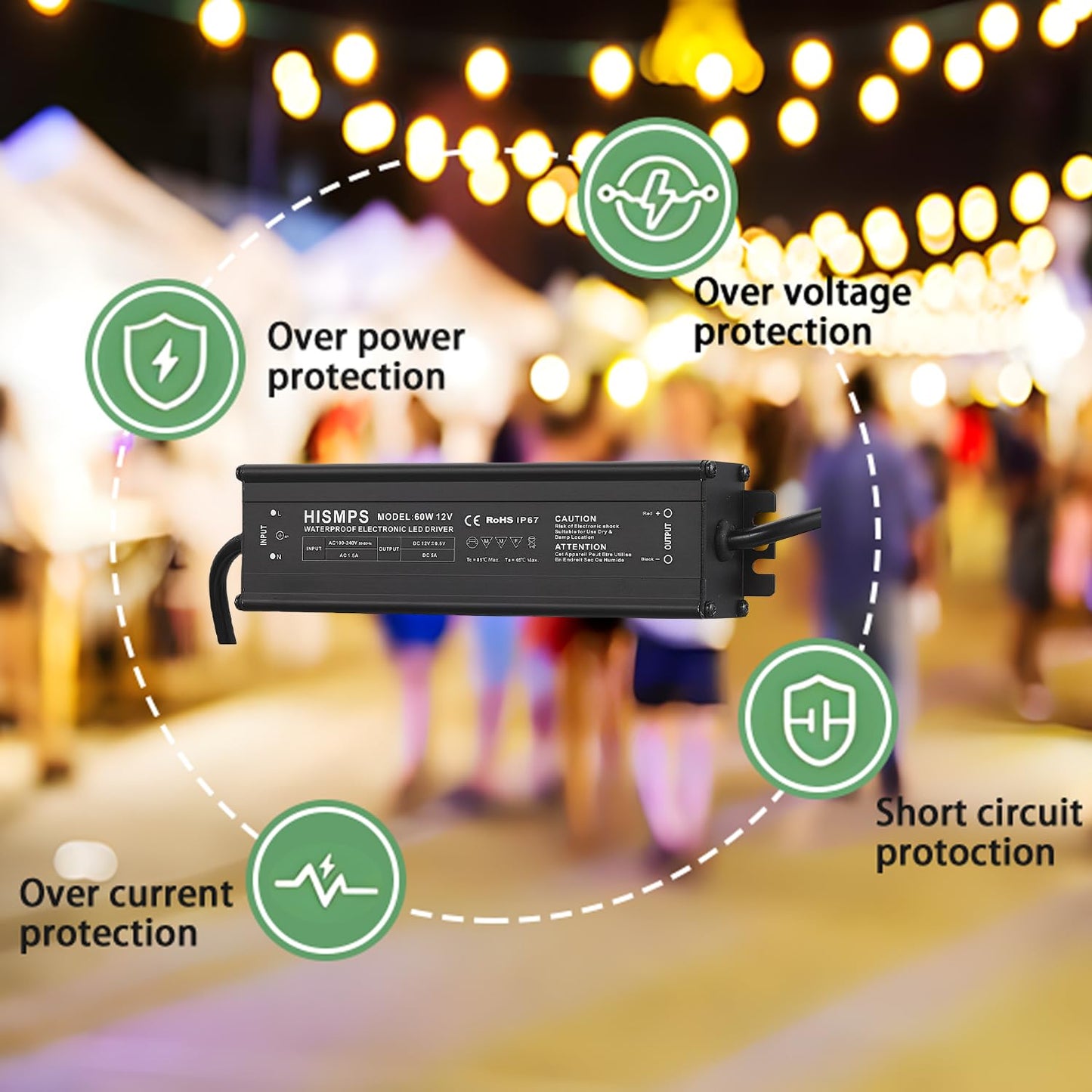 HISMPS 60W 12V Waterproof IP67 Power Supply 100V-240V AC to 12V 5A DC LED Constant Voltage Driver Converter Transformer Adapter with 3-Prong Plug 3.3