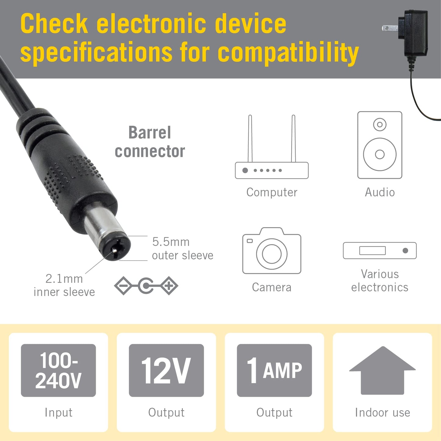 Armacost Lighting 12V 12W 1 Amp Power Supply Adapter Transformer AC 100V-120V with 5.5x2.1mm DC Output Jack