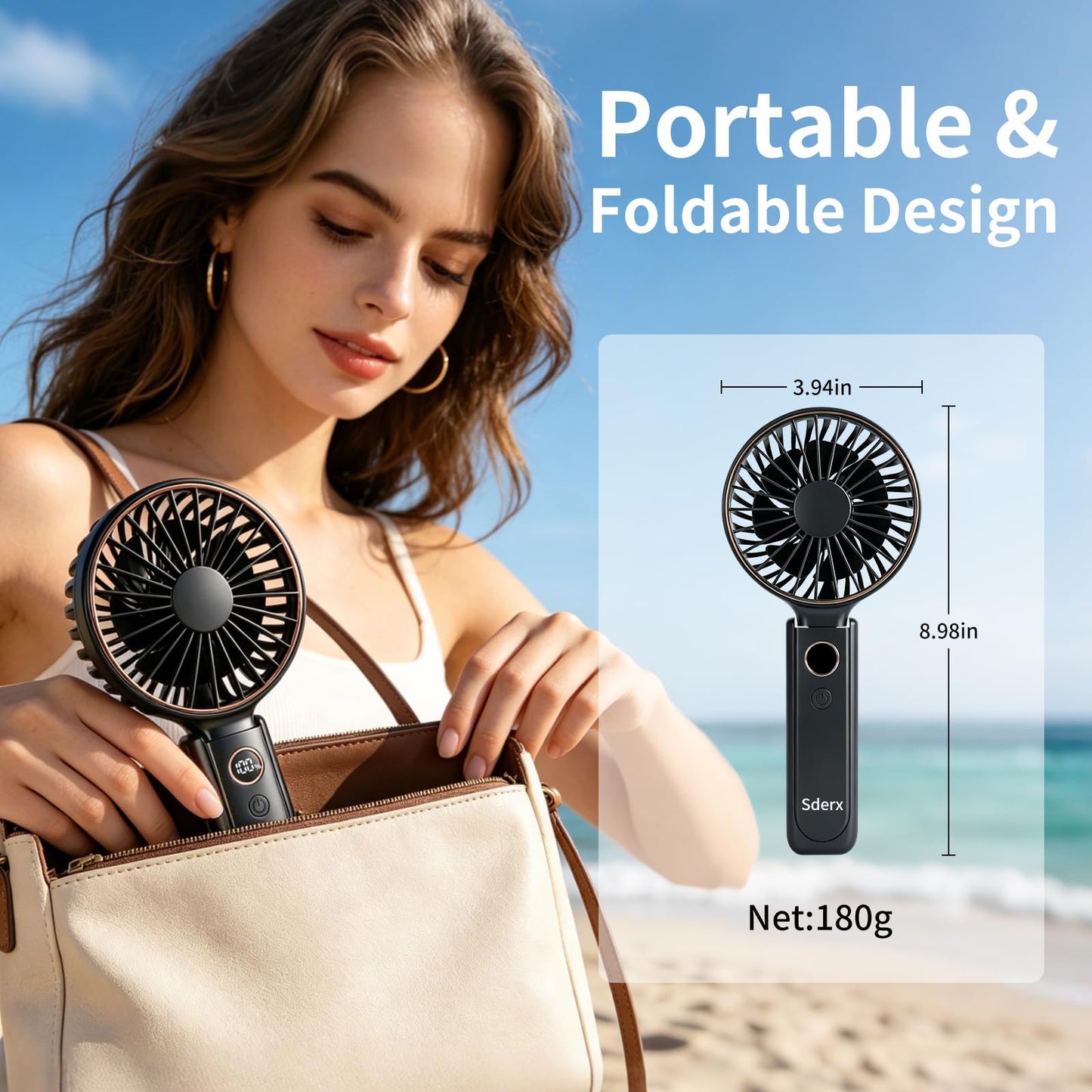 Sderx Handheld Fan, 5000mAh 3-in-1 Foldable Fan, 24H Battery Life