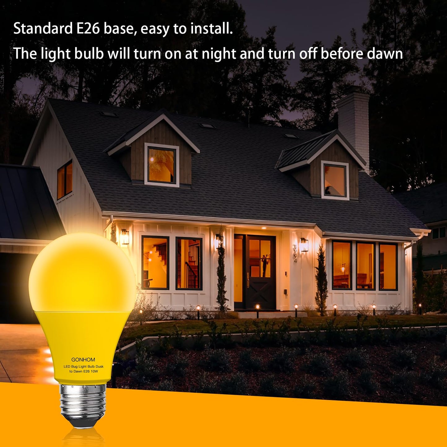 Gonhom Dusk to Dawn Bug Light Bulb Outdoor,4 Pack Amber Bug Light Bulb,Auto On/Off,10W(100W Equivalent),E26 Base,Bug Lights for Outside.Home Hallway