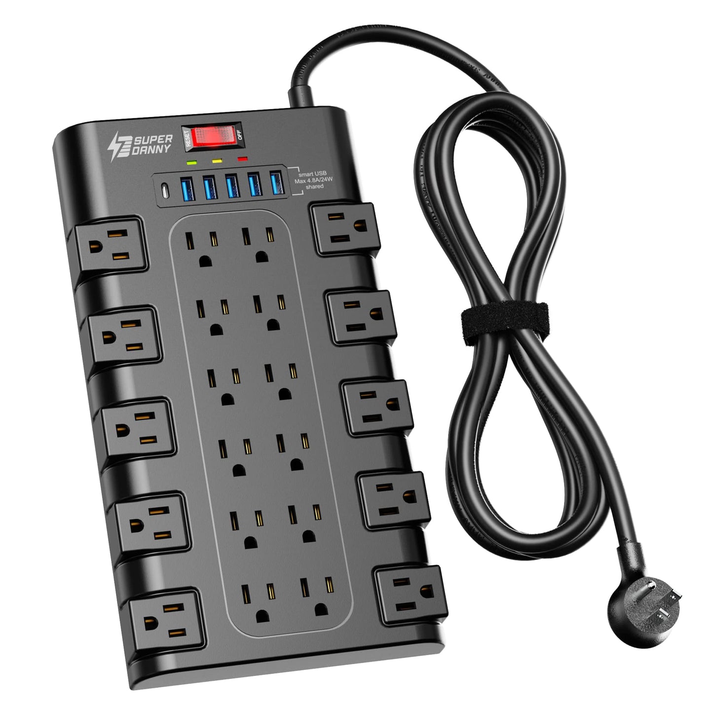 Power Strip, SUPERDANNY Surge Protector with 22 AC Outlets and 6 USB Charging Ports, 1875W/15A, 2100 Joules, 6.5Ft Flat Plug Heavy Duty Extension Cord