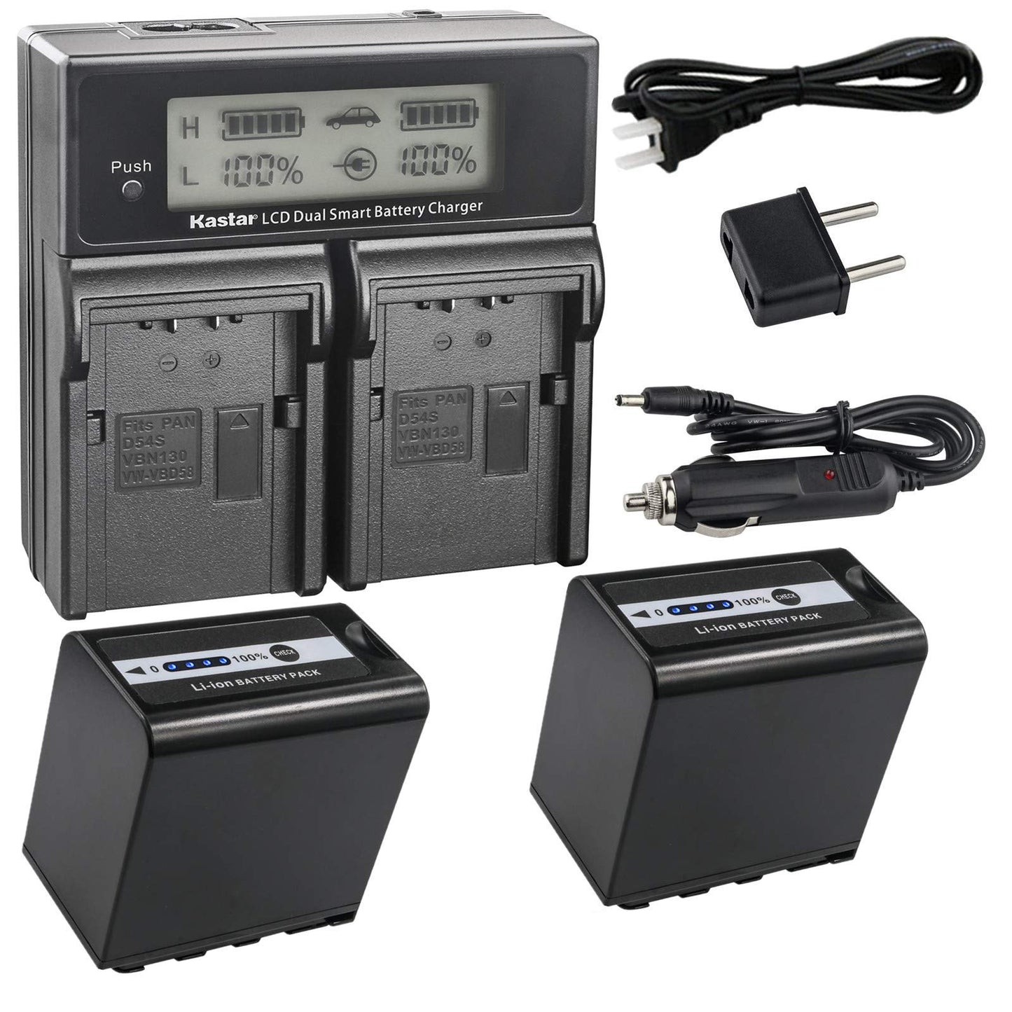 Kastar LCD Fast Charger + Battery 2x for Panasonic AG-VBR89G AG-VBR59 AG-VBR118G AG-BRD50 AG-B23 AG-DVX200 AG-AC8 AG-AC90A AG-DVC30 AG-HPX250 HPX255