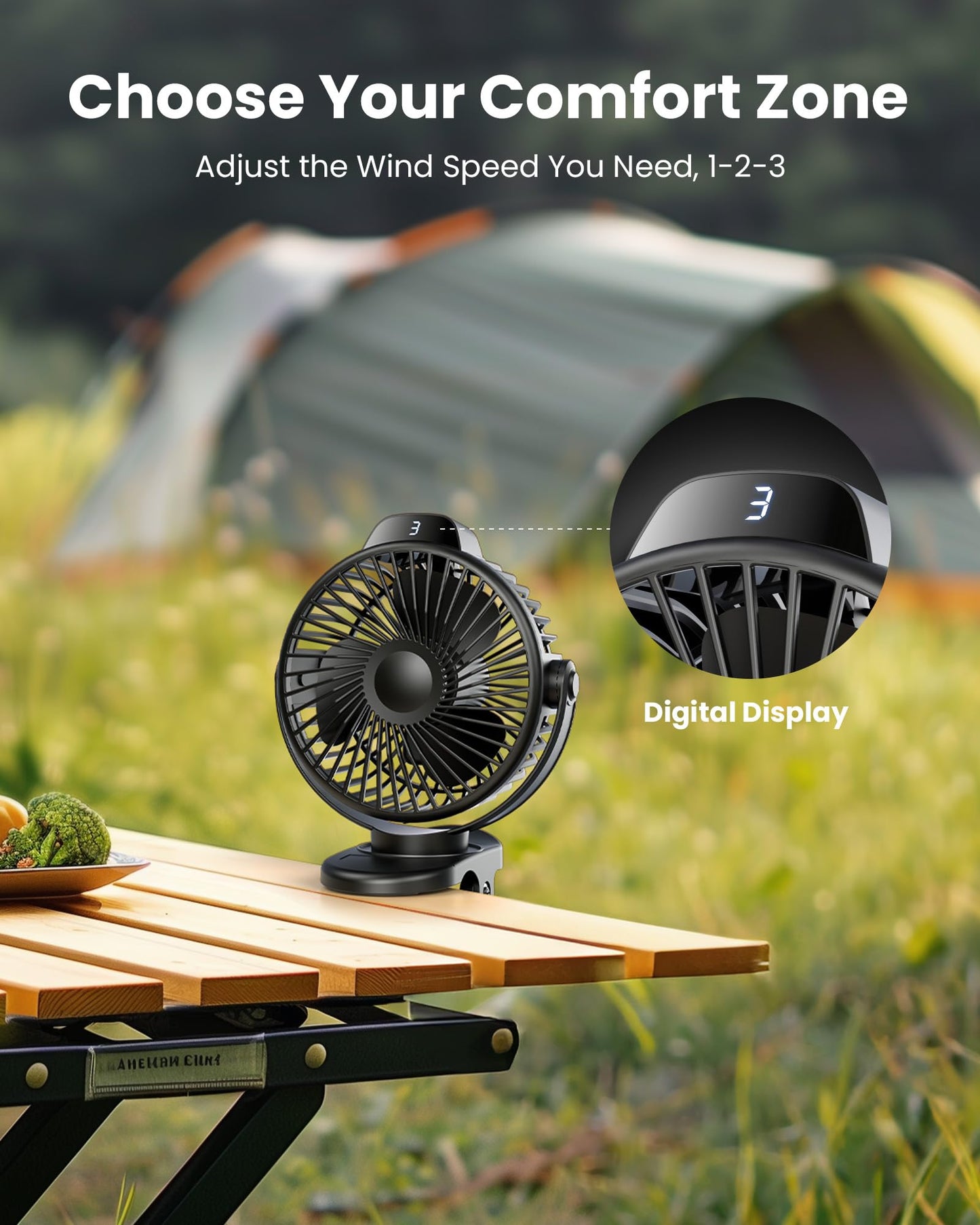 Koonie Portable Clip On Fan, Small Rechargeable Battery Operated, 3 Speeds