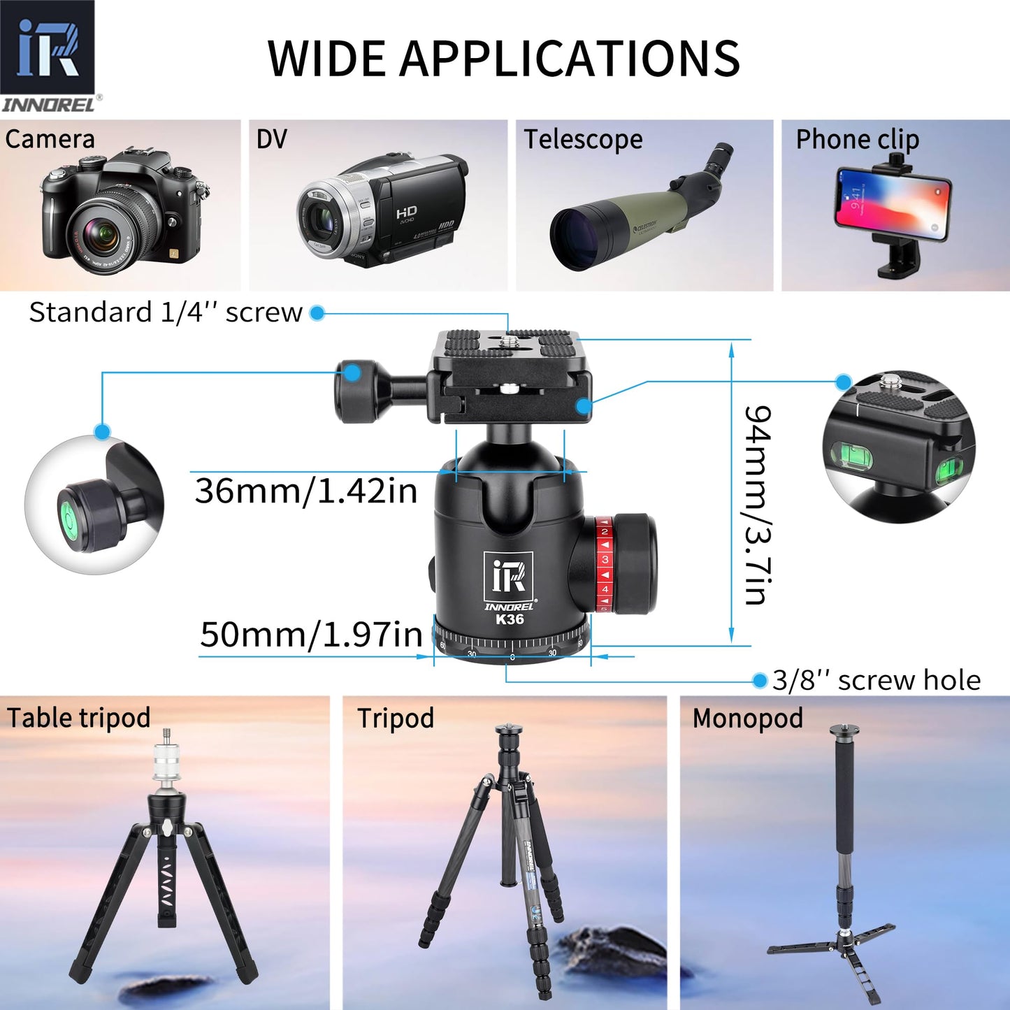 10 Layers Carbon Fiber Travel Tripod Monopod-INNOREL RT55C with 36mm Panoramic Ball Head 360 Degree and Carrying Case Professional Lightweight Compact