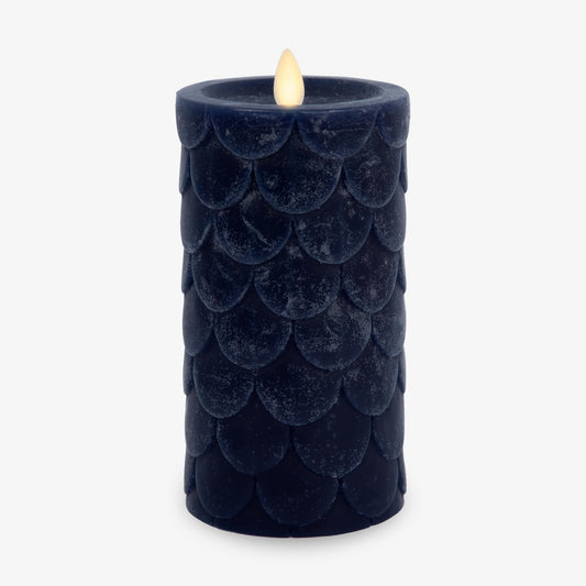 Luminara Embossed Fish Scale Flameless LED Candle, Midnight Blue, 3.25" x 6.5", Moving Flame Pillar, Battery Operated with Timer, Indoor
