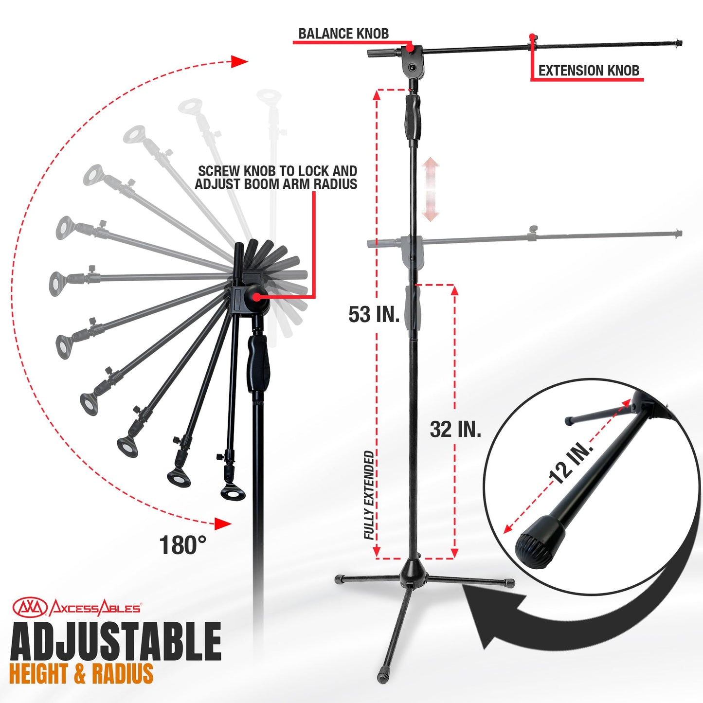 AxcessAbles AXCMS-201TB One Hand Microphone Stand with Tripod Base and Quick Grip Height Adjustment - Telescoping Mic Boom Arm Included. Tall
