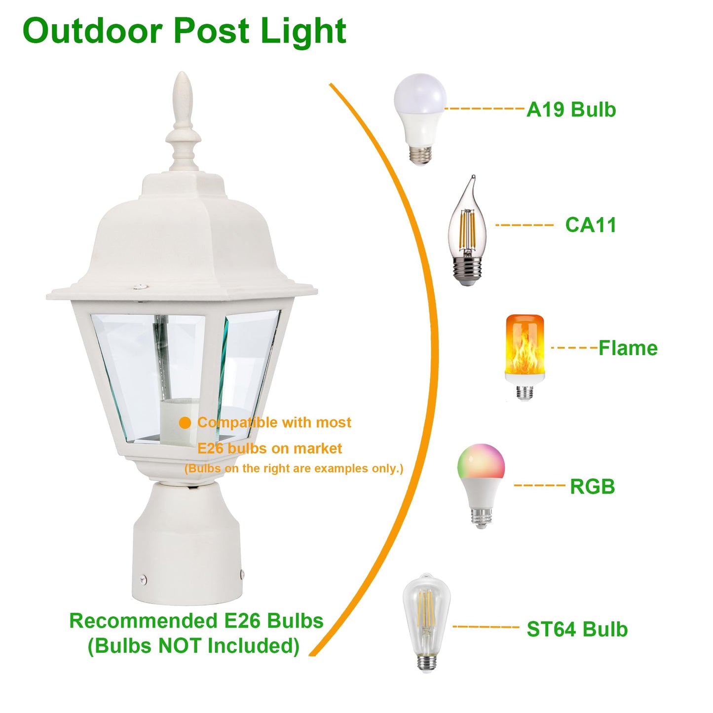 LIT-PaTH Outdoor Post Lighting Fixture Pole Lantern, E26 Medium Base Max 60W, Aluminum Housing Plus Clear Glass, Bulb Not Included, Matte White