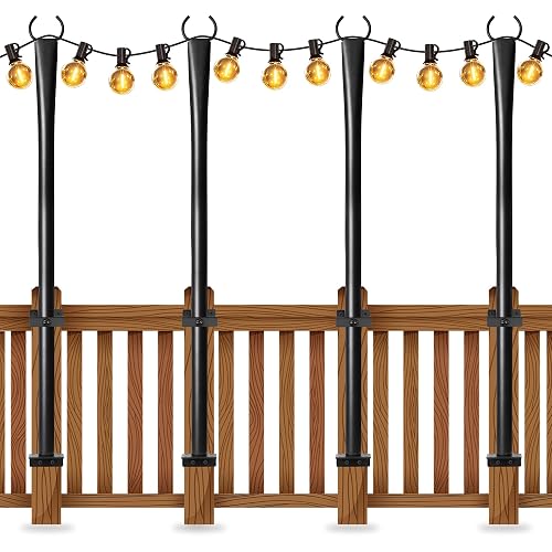 4 Pack String Light Poles for Deck, 5Ft Upgraded Heavy-Duty Metal Deck Light Poles for Outside with Fixing Clips, Lighting Hanging Post Accessories