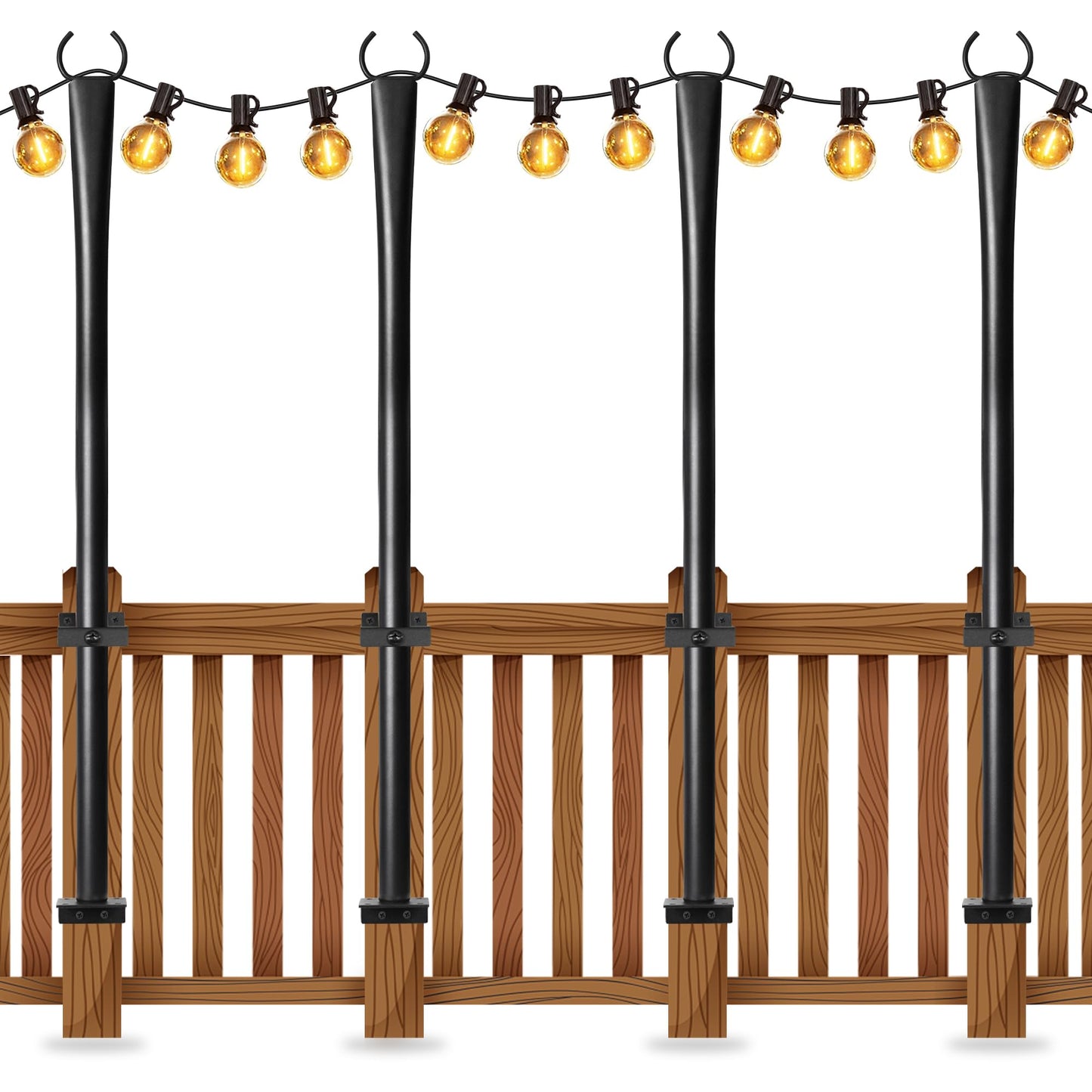 4 Pack String Light Poles for Deck, 5Ft Upgraded Heavy-Duty Metal Deck Light Poles for Outside with Fixing Clips, Lighting Hanging Post Accessories