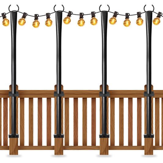 4 Pack String Light Poles for Deck, 5Ft Upgraded Heavy-Duty Metal Deck Light Poles for Outside with Fixing Clips, Lighting Hanging Post Accessories