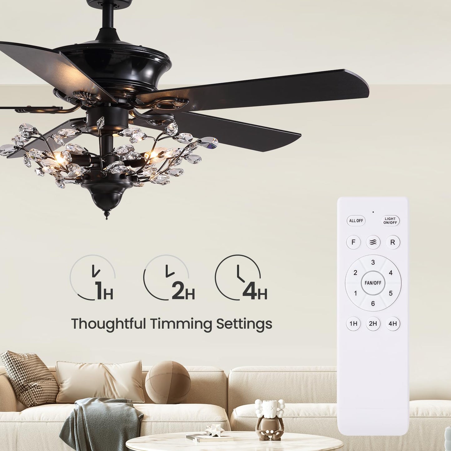 MOOONICHE 50" Crystal Ceiling Fan with Lights and Remote, Black Vintage Chandelier Fan Light with Wood Blades, Reversible Motor, 6-Speed, Timer, Retro