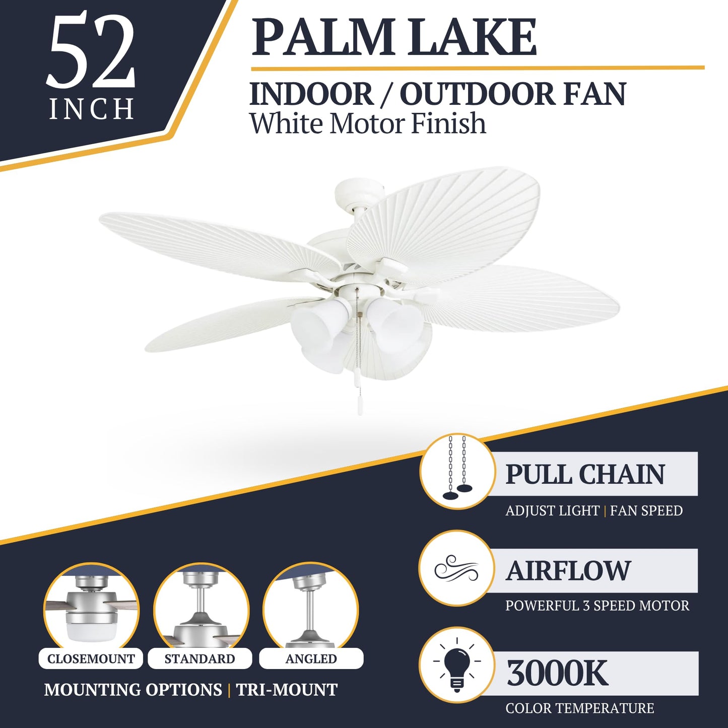 Prominence Home Ceiling Fans Palm Lake, 52 Inch Tropical Indoor Outdoor Ceiling Fan with Light, Pull Chain, Three Mounting Options, 5 Palm Leaf