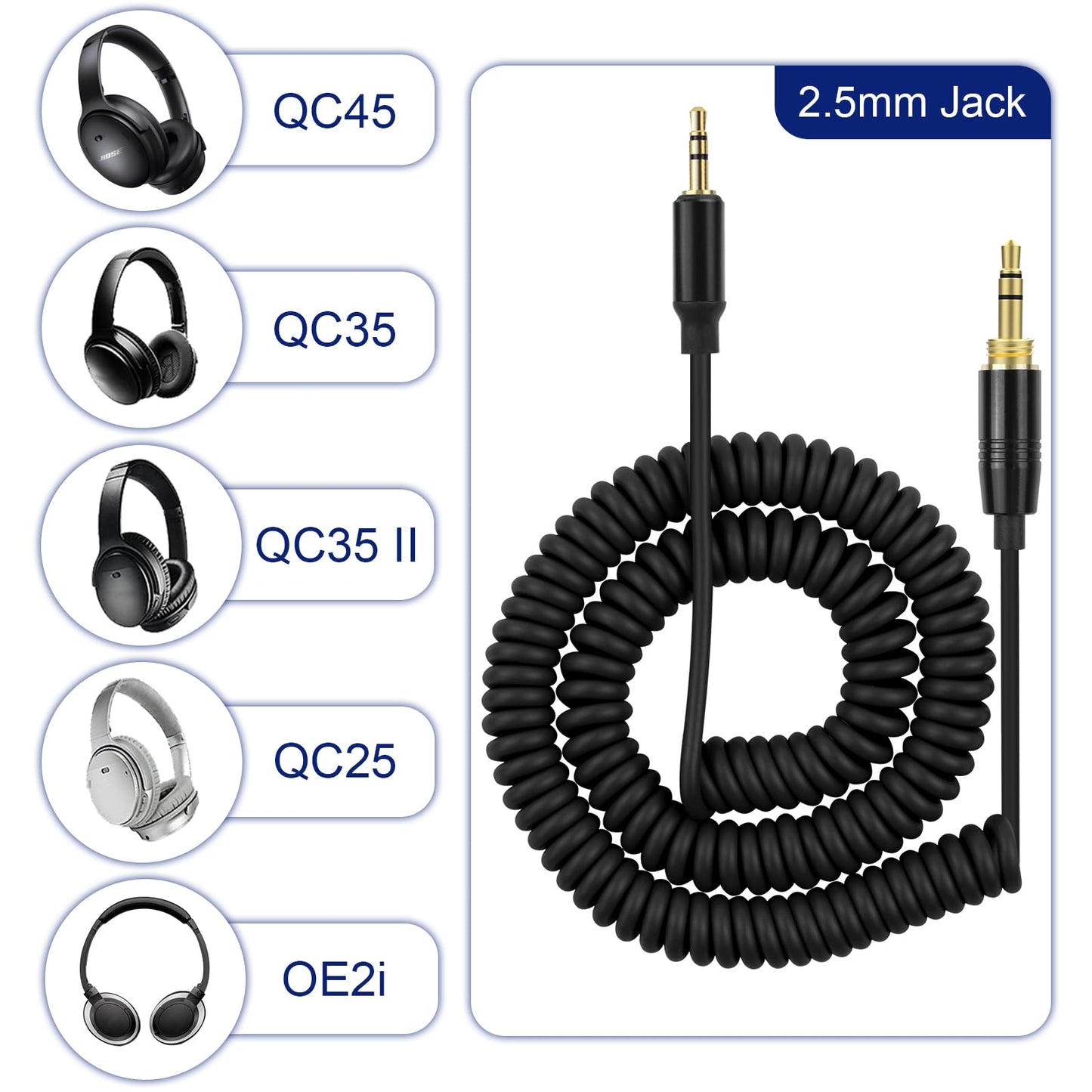 QC45 Coiled Audio Cable Compatible with Bose QuietComfort, QuietComfort Ultra, QC45, QC35, QC35 II, QC25, NC700, OE2, Soundlink, SoundTrue…