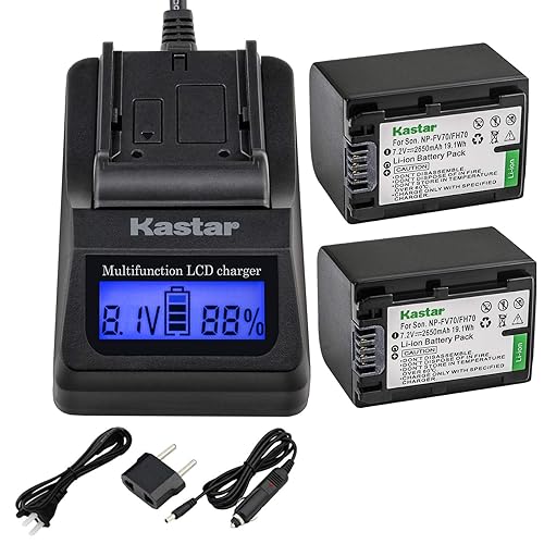 Kastar Fast Charger + NPFH70 Battery (2-Pack) Replacement for Sony NP-FH100, FH60, FH70, NP-FH90, DCR-DVD405 407E 408 410E 450 602E 650E DCR-HC96