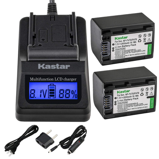 Kastar Fast Charger + NPFH70 Battery (2-Pack) Replacement for Sony NP-FH100, FH60, FH70, NP-FH90, DCR-DVD405 407E 408 410E 450 602E 650E DCR-HC96