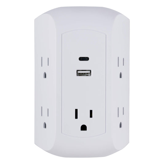 GE UltraPro 5-Outlet Extender with USB and USB-C Port, Surge Protector, Spaced Wall Tap, Side-Access, Charging Station, for iPhone/iPad/Samsung