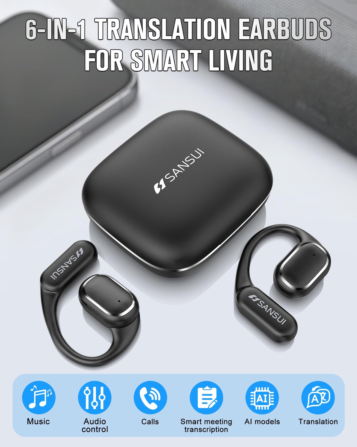 SANSUI W12 True Open Ear Earbuds, Lightweight Comfort Hang On Ear Wireless Headphones, 42H Play Bluetooth 6.0 Earphones with Bonus Real-Time AI