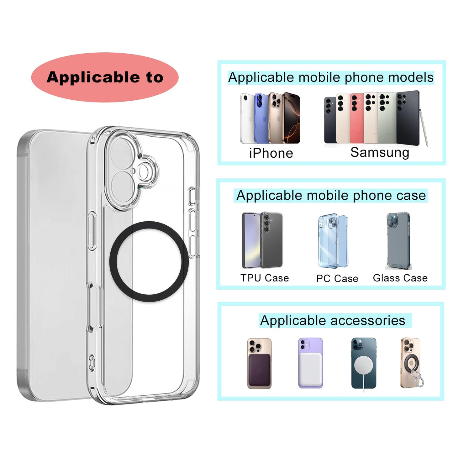 3 Pack,Universal Metal Ring Sticker for Wireless Charger&Magsafe Sticker,Magnetic Ring for Phone Case,Compatible with iPhone/Samsung/Android