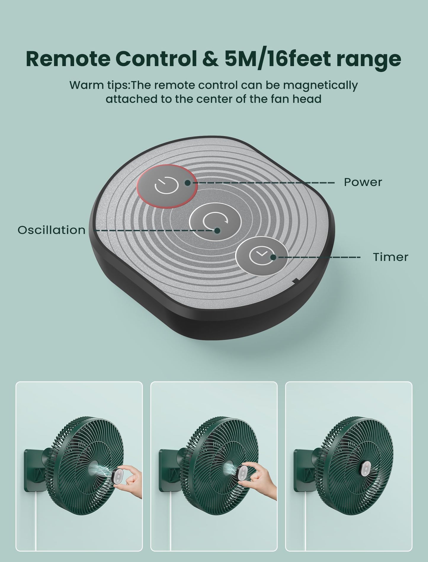 Comoistar 12-Inch Wall Mount Fan with Remote, 4 Speed Timer, 90° Oscillating Quiet Fan, 125° Tilt, Include 8.2ft Cord and Power Adapter for Bedroom