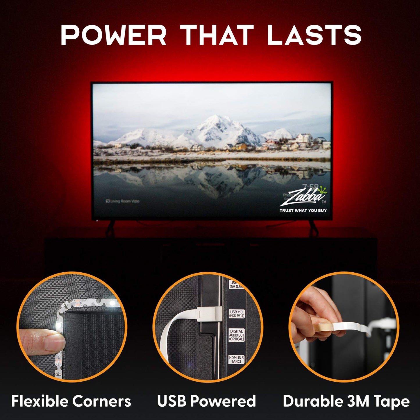 Power Practical LED Lights for TV in Living Room or Bedroom, Luminoodle Backlight, USB Powered Strips w/Remote for 15 Ambient Color Bias Lighting