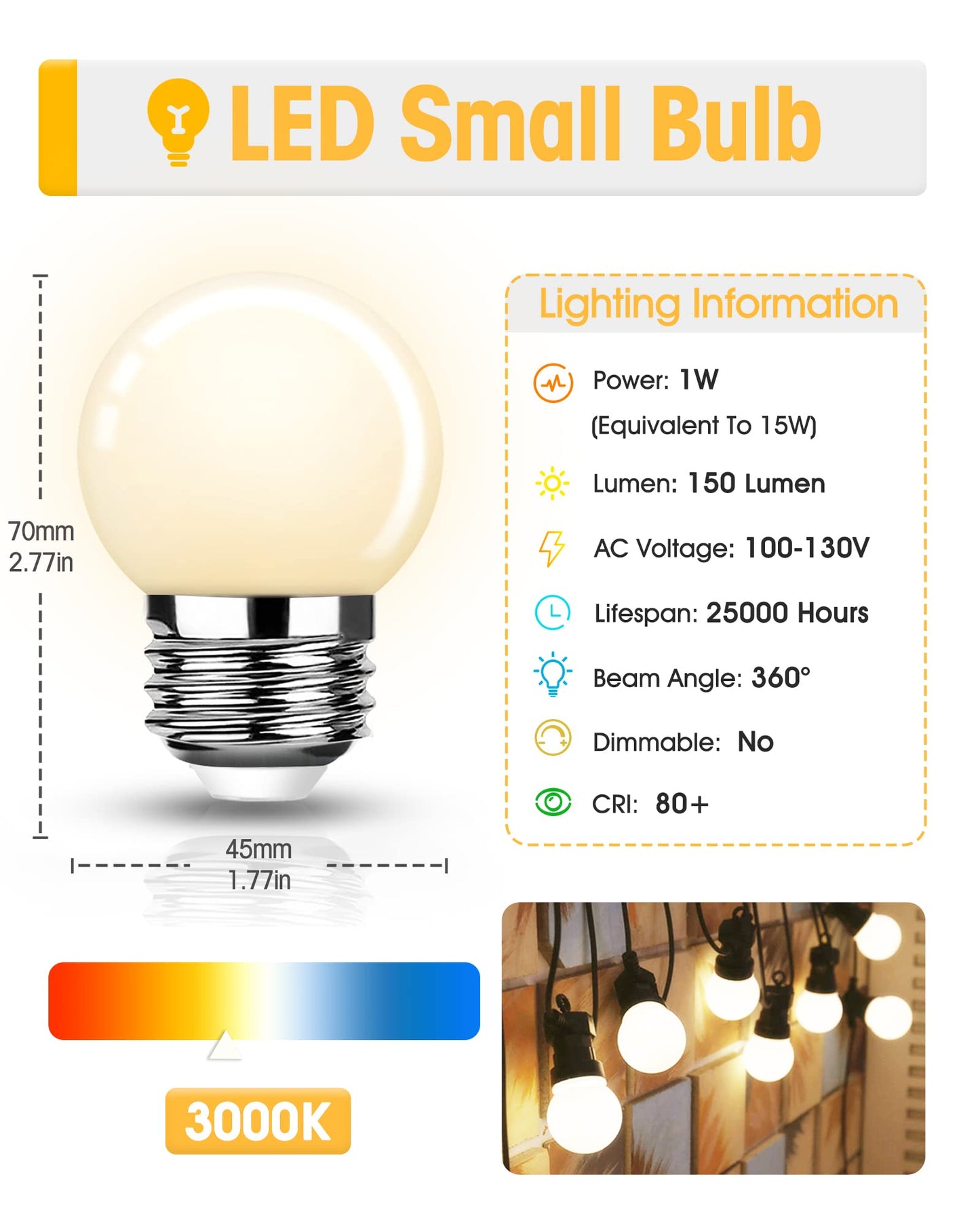 Baczao G14 LED Low Watt Light Bulbs, 15W Equivalent Small Globe Light Bulbs, 1W Soft White 3000K Small Night Light Bulbs for String Lights, Window