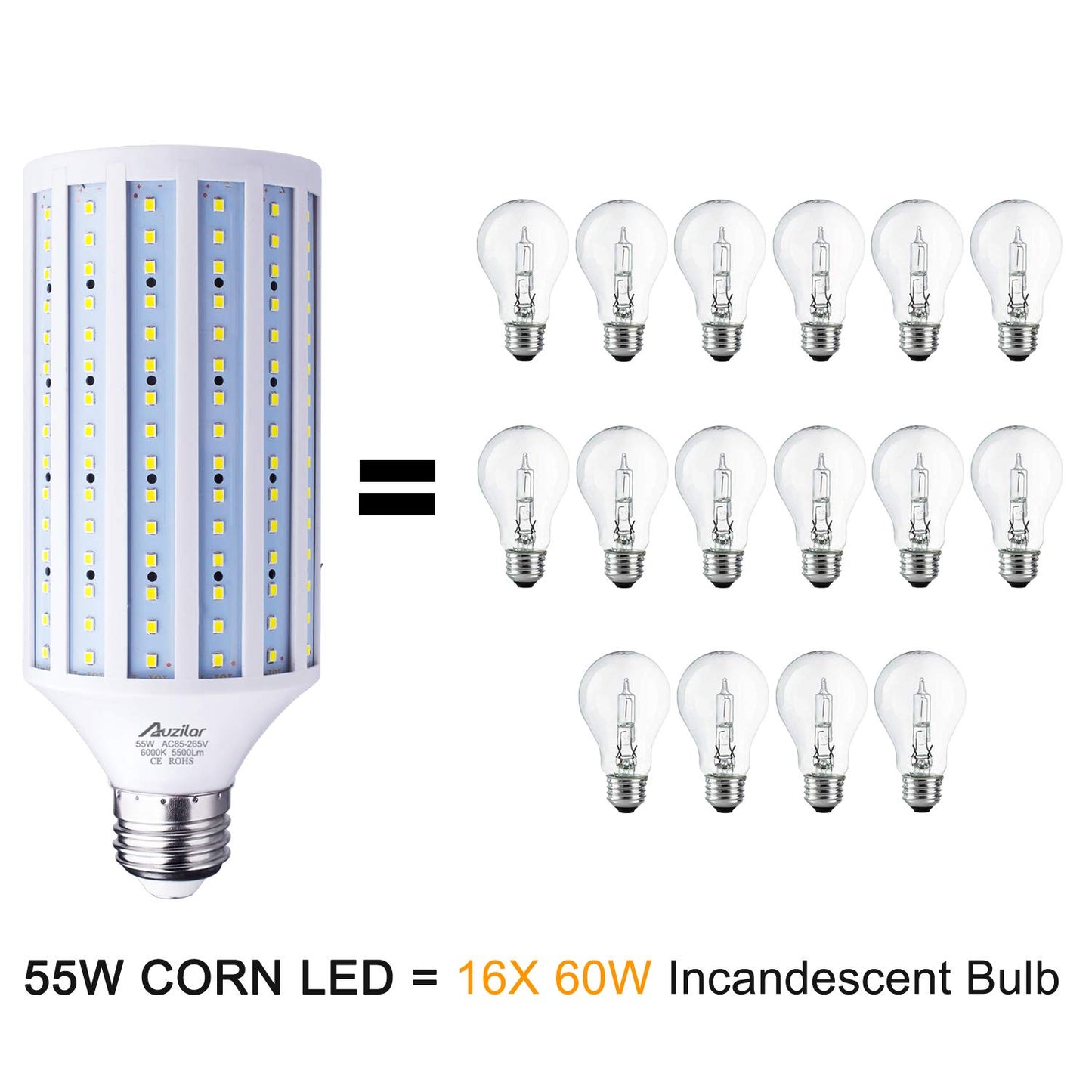 Auzilar 55W LED Corn Light Bulb (E39 Large Mogul Base) 5500Lm 6000K Cool White Daylight, for Metal Halide HID HPS Replacement Garage Parking Lot High