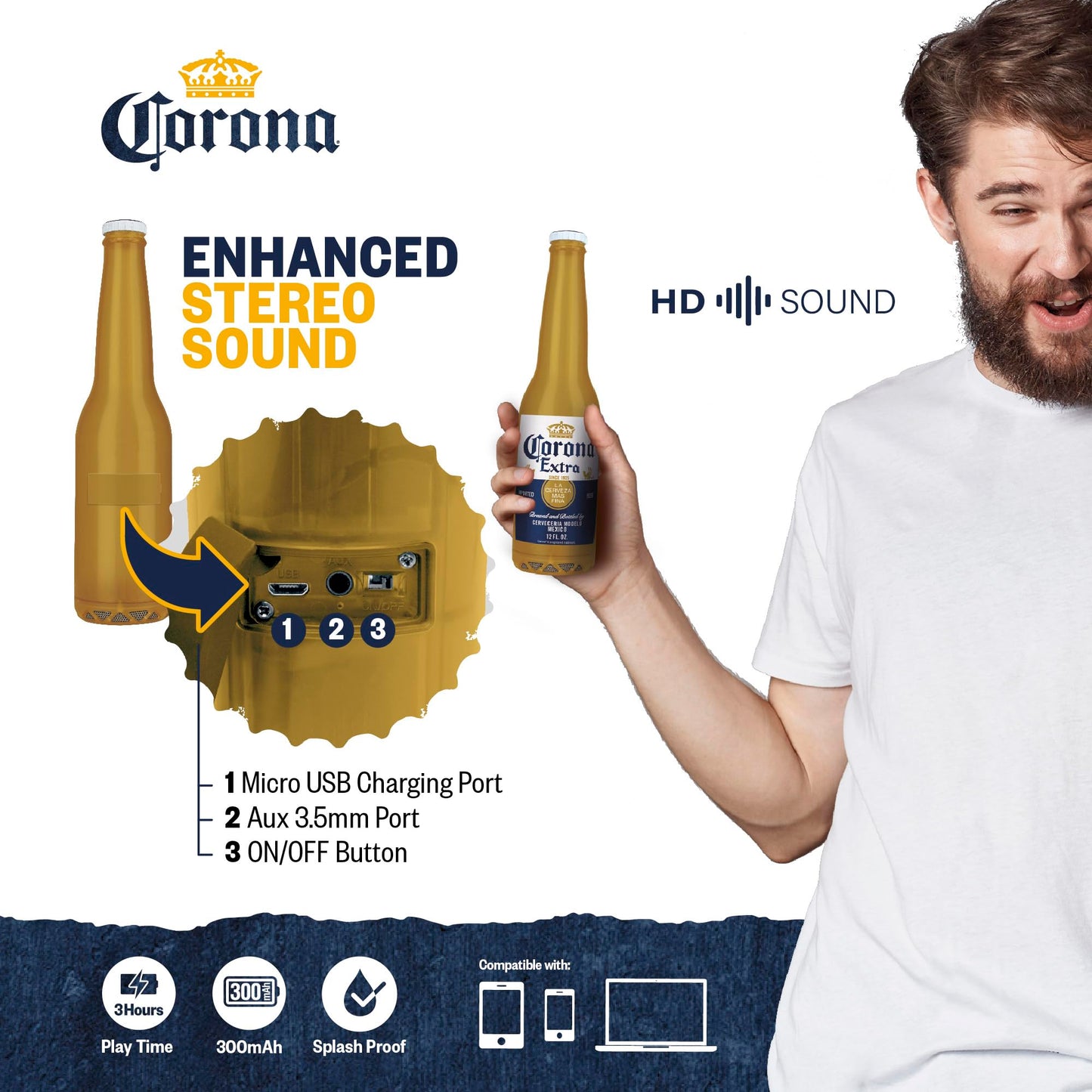 Corona Beer Bottle Bluetooth Speaker - Portable Wireless Stereo 30FT Range Sound System with Bluetooth + AUX Support, 3 Hour Playtime, Travel-Friendly