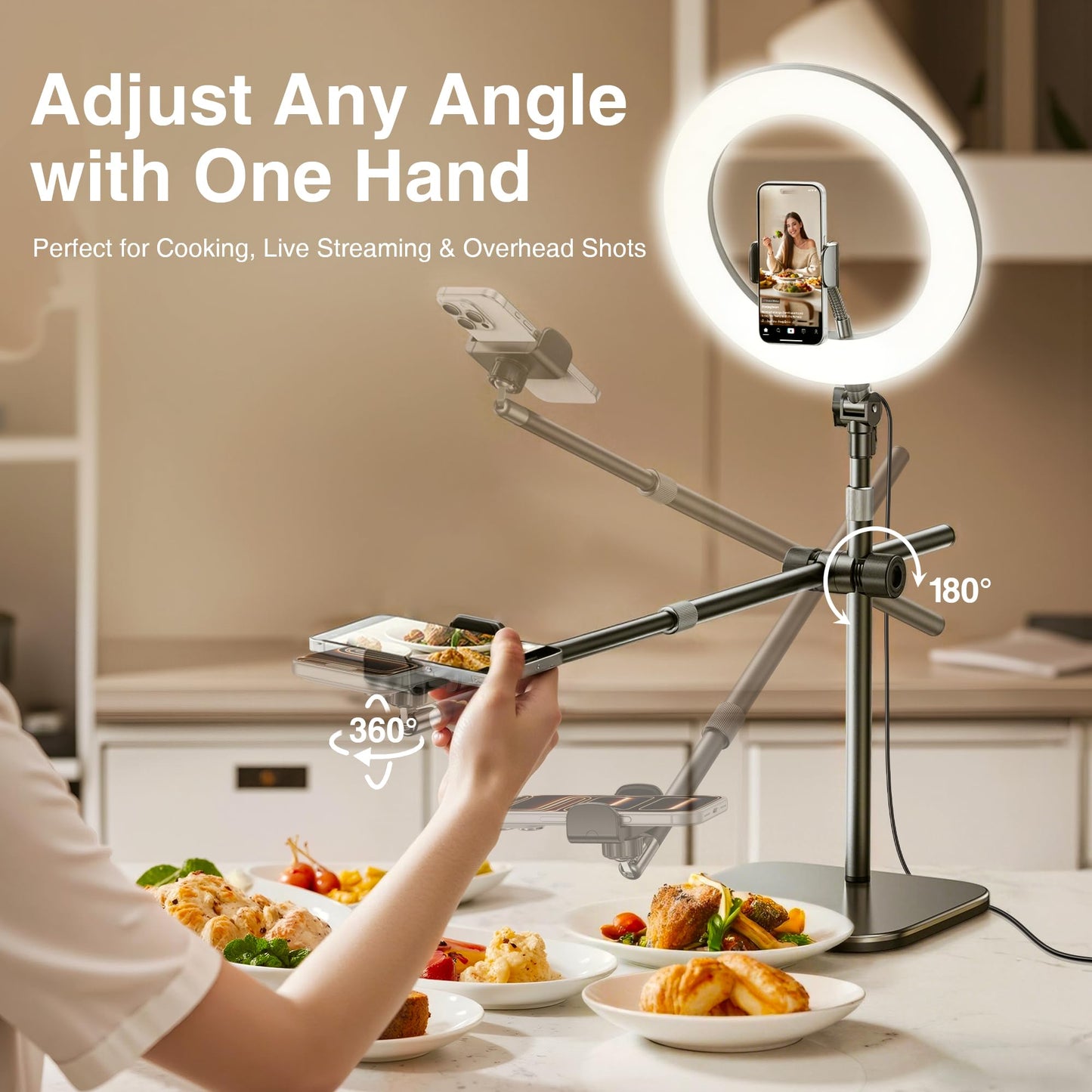 Overhead Phone Mount, Overhead Camera Mount Stand [Anti-Shaking] with 10.5" Ring Light, Desk Stand for iPhone with Ring Light for Video Recording