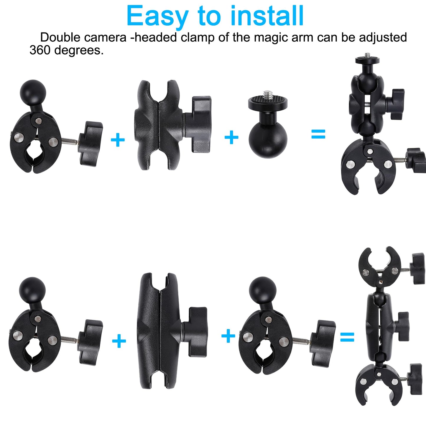 Motorcycle Mount kit for Insta360 One X5 X4 X3 X2 RS DJI OSMO 360 GoPro MAX 2- Double Clamps Handlebar Holder with 155cm Selfie Stick for Motorcycle