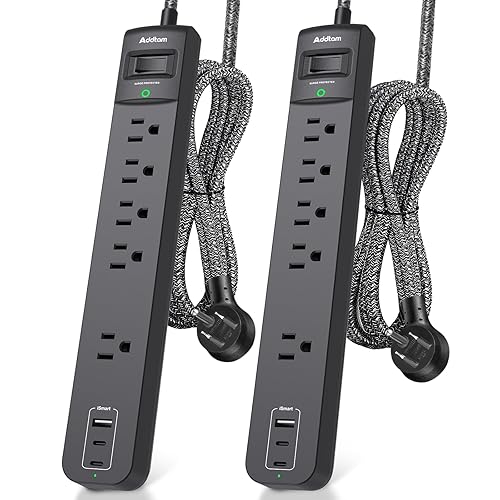 2 Pack Power Strip Surge Protector - 5 Widely Spaced Outlets 3 USB Charging Ports, 1875W/15A 6Ft Braided Extension Cord, Flat Plug Overload