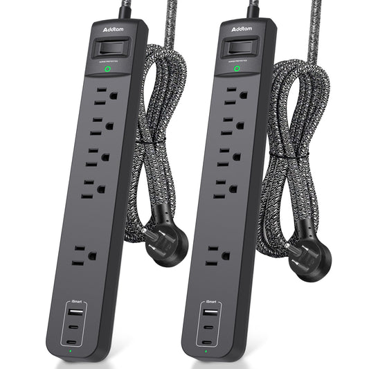 2 Pack Power Strip Surge Protector - 5 Widely Spaced Outlets 3 USB Charging Ports, 1875W/15A 6Ft Braided Extension Cord, Flat Plug Overload
