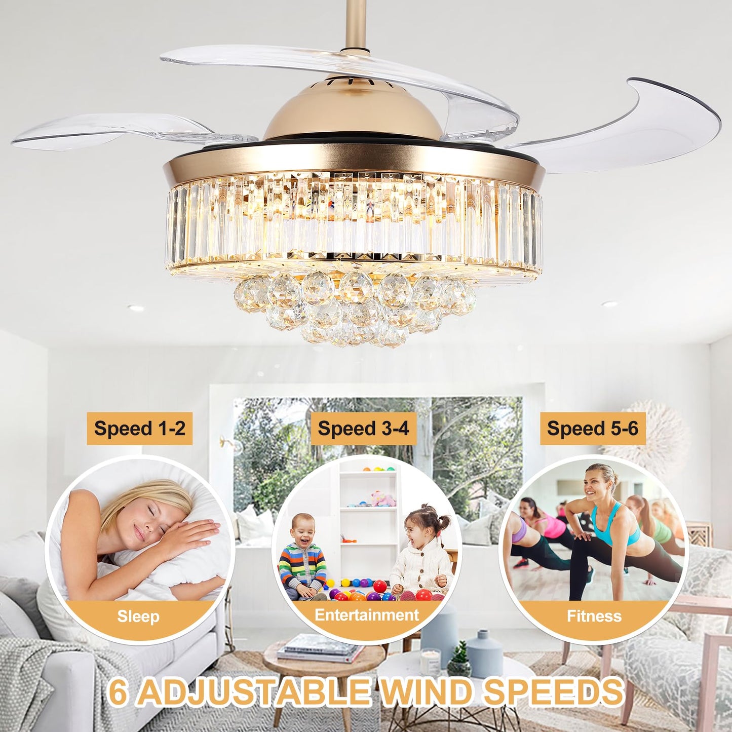 Bavnnro 42'' Fandelier Ceiling Fans with Light, Gold Retractable Crystal Chandelier Fan, Reversible, Remote Control, Dimmable Ceiling Light Kits