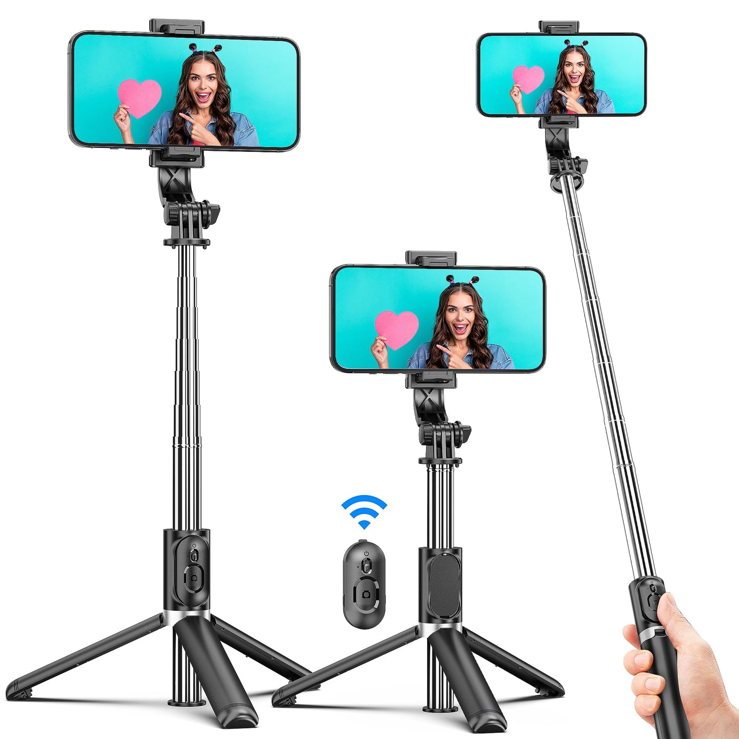 Selfie Stick Tripod, All in One Extendable & Portable iPhone Tripod Selfie Stick with Wireless Remote Compatible with iPhone 17 16 15 14 13 12 pro Xs