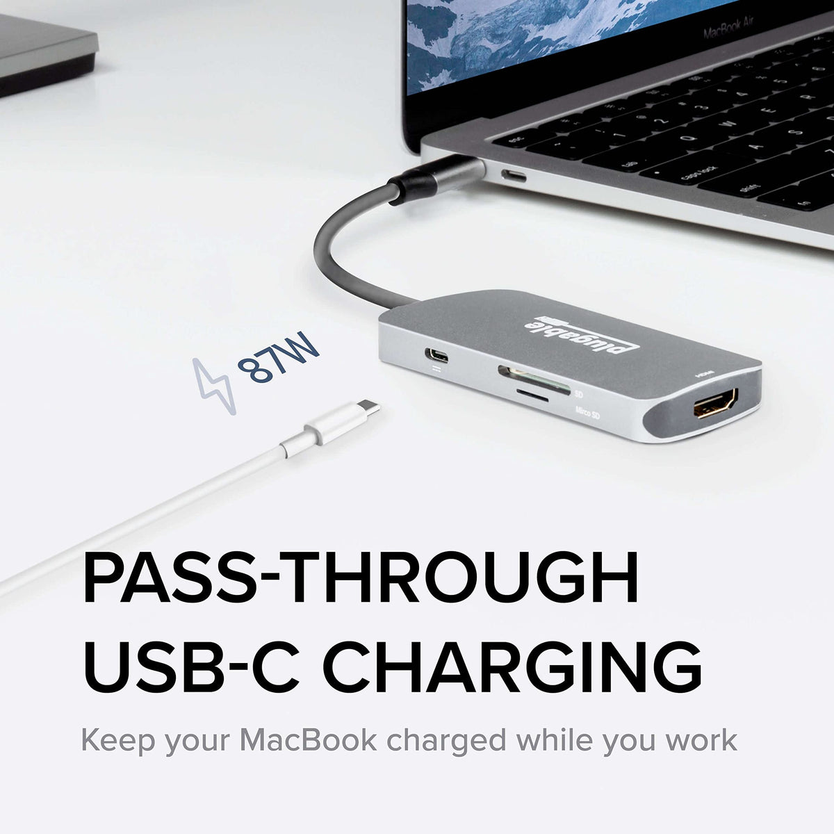 Plugable USB-C Hub 7-in-1 for Single HDMI Display, Driverless Hub