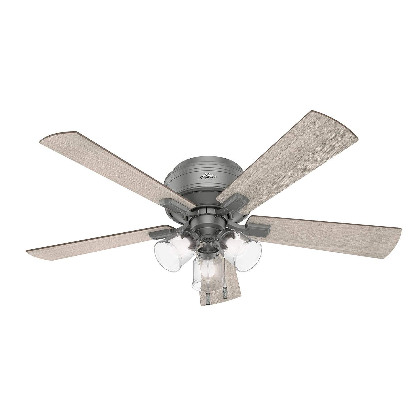 Hunter Fan 52 inch Low Profile Matte Silver Indoor Ceiling Fan with Lights and Pull Chain for Bedroom, Living Room, Office, Basement, Kitchen, Dining