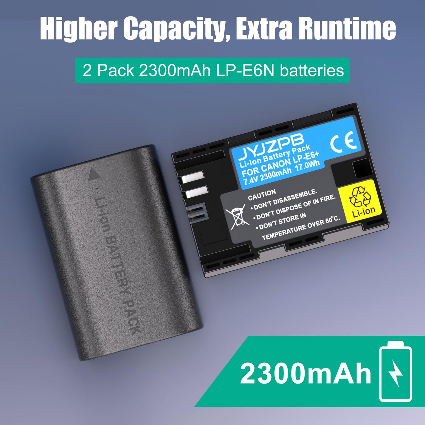 JYJZPB 2-Pack LP-E6N Batteries Compatible for Canon EOS R R5 R6 R7 90D 60D 70D 80D 5D II, 5D III, 5D Mark IV, 6D, 6D II, 7D, 7D II, XC10 XC15 Cameras