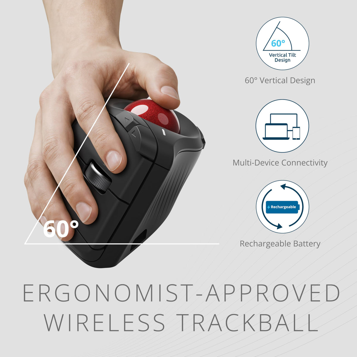 Kensington TB675 Wireless Vertical Trackball Mouse, Ergonomic Design, Rechargeable - Black (K72171WWMY)