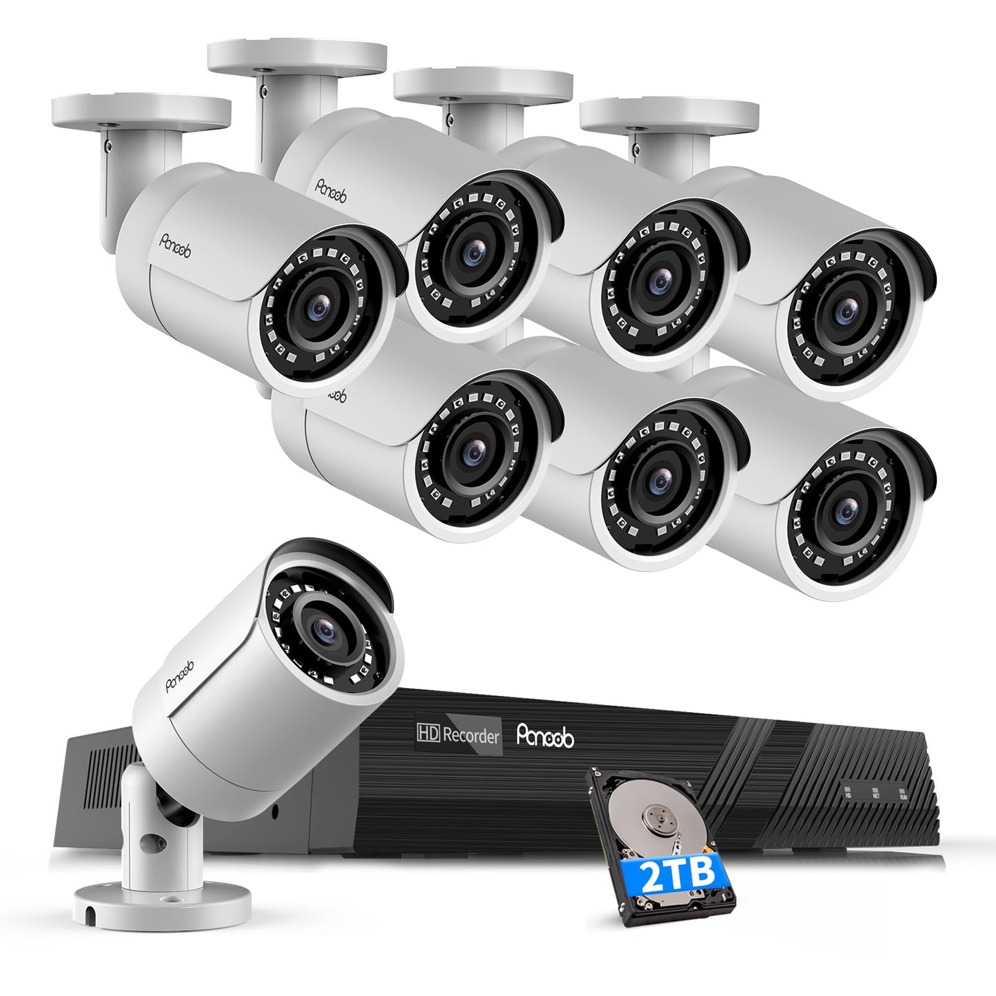 PANOOB PoE Security Camera System 4K, 8pcs 8MP Wired Bullet IP PoE Cameras Outdoor w/Mic, AI Person Detection, 4K/8MP 8 Channel NVR 2TB HDD, 110? Wide