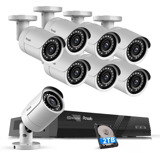 PANOOB PoE Security Camera System 4K, 8pcs 8MP Wired Bullet IP PoE Cameras Outdoor w/Mic, AI Person Detection, 4K/8MP 8 Channel NVR 2TB HDD, 110? Wide
