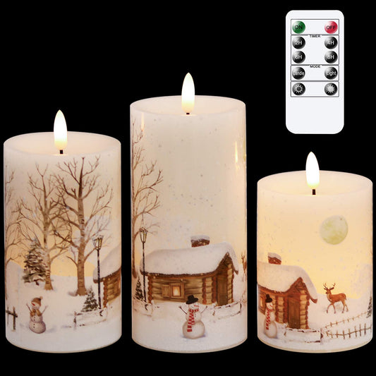GenSwin Christmas Snowman Battery Operated Candles Flameless Flickering with Remote Timer, 3D Wick Real Wax Led Pillar Candles Warm Light, Christmas