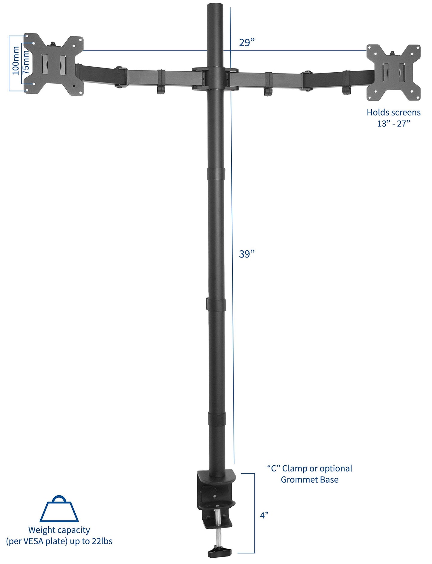 VIVO Dual Monitor Stand Up Desk Mount Extra Tall 39 inch Pole, Fully Adjustable Stand for up to 27 inch Screens, Black, STAND-V012