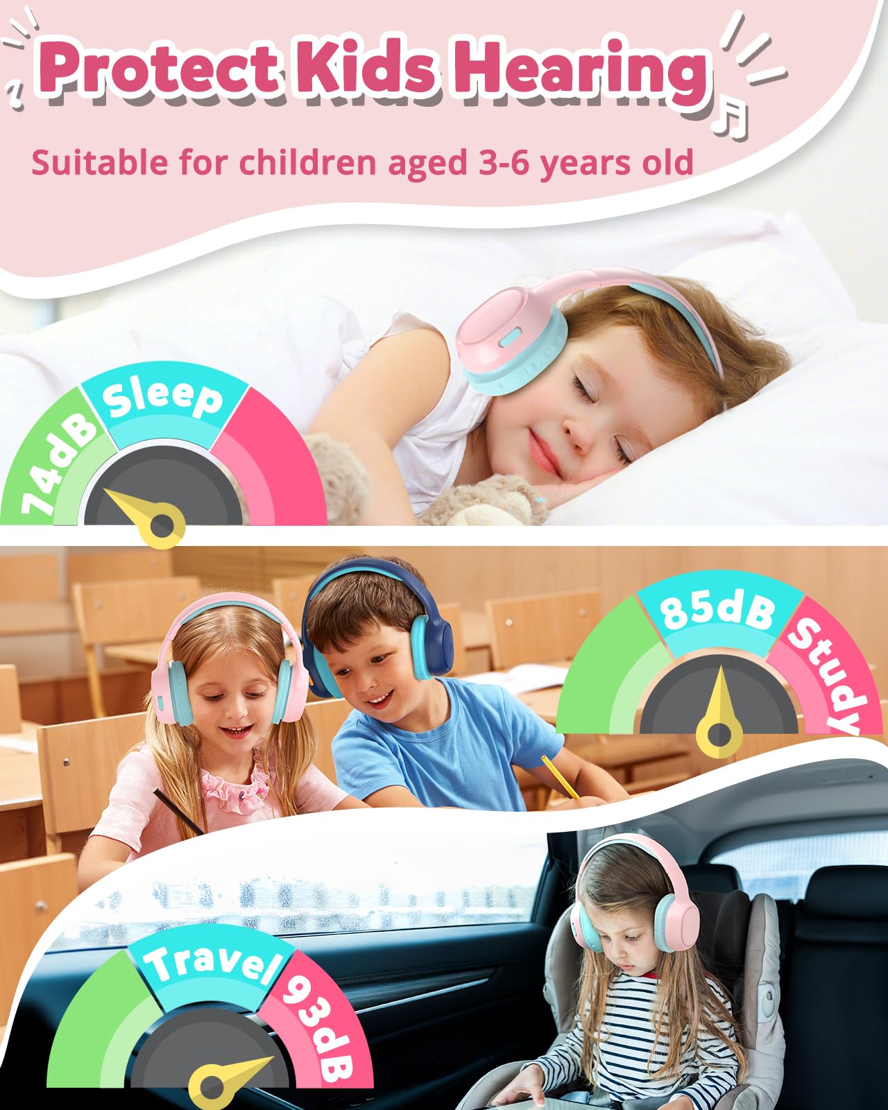 Tronsmart KH02 Kids Headphones Volume Limit 74/85/93dB, 45H Playtime, 3.5mm Jack, Foldable, Wireless Headphones with Microphone…