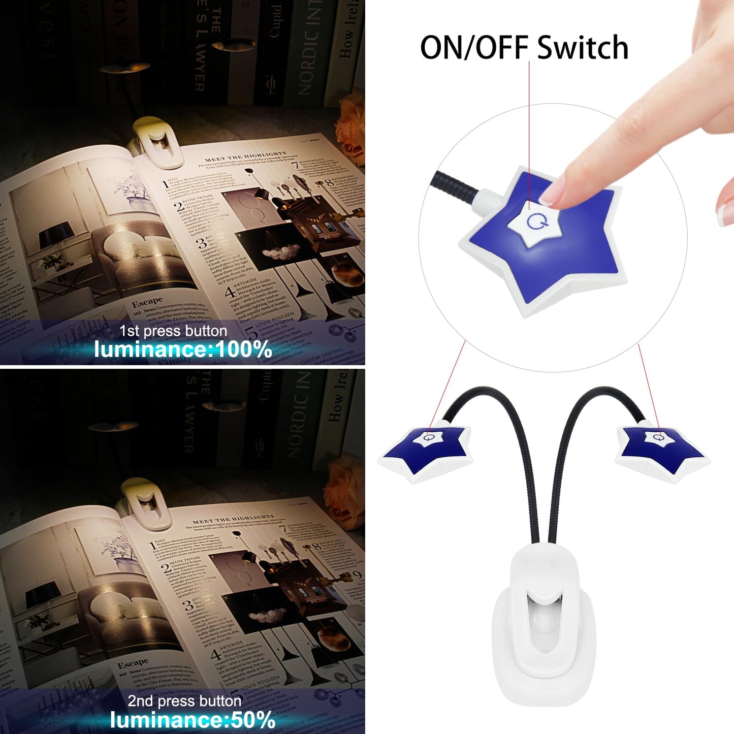 LUXSWAY 2 Pack LED Book Reading Light, Battery Operated Book Light for Reading in Bed, 2 Brightness Adjustable for Eye Care, Flexible Gooseneck Clip