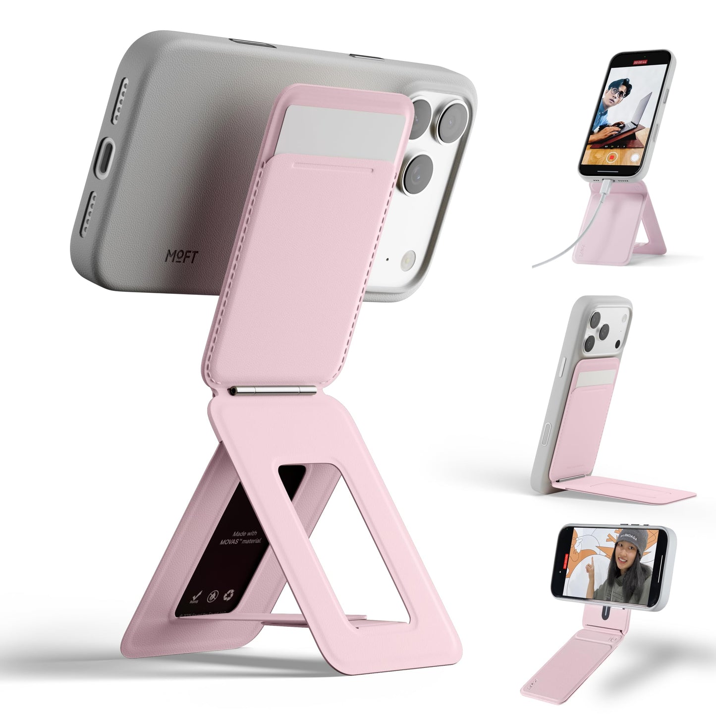 MOFT Phone Tripod Wallet, 3 in 1 Phone Stand Wallet, NFC-Supported Magnetic Phone Stand, MOVAS Vegan Leather Adjustable Card Holder, Light Pink