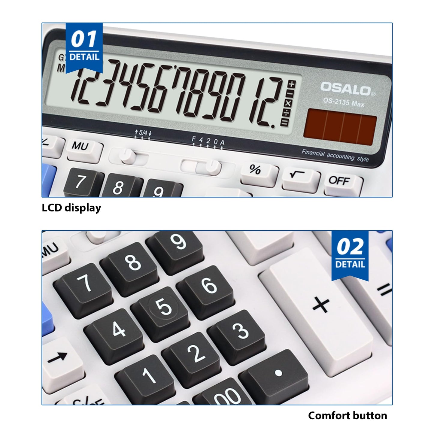 Desktop Calculator Extra Large LCD Display 12-Digit Big Number Accounting Calculator with Giant Response Button, Battery & Solar Powered, Perfect