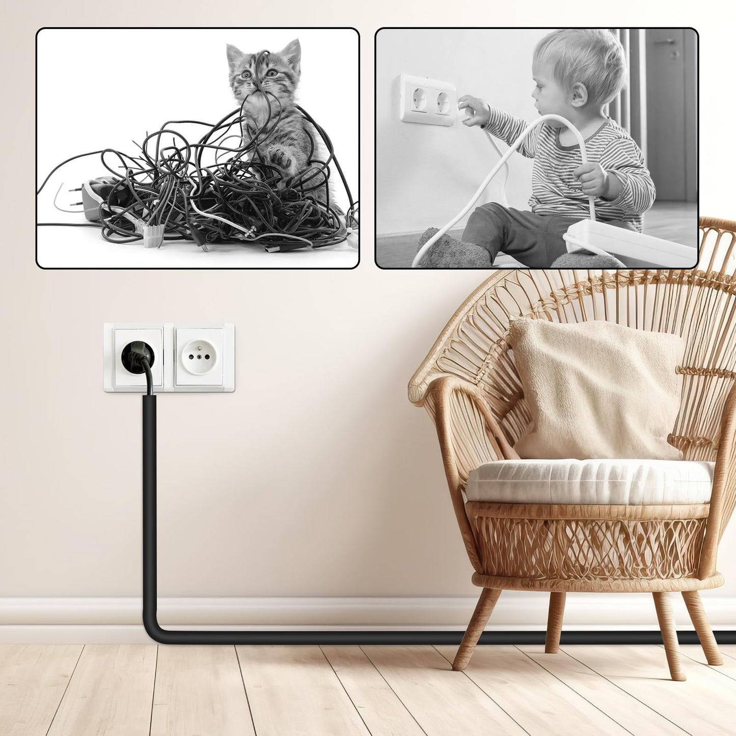 Self-Adhesive Cable Hider, Flexible Wire Cover Cable Raceway for Wires, Wall Mount TV, Home Audio, Network, Power, and Phone Line Managemen (Black