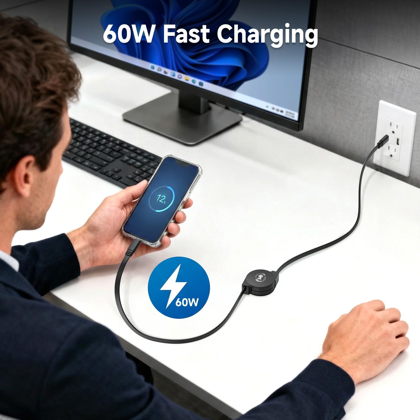 Cable Matters Retractable USB C Cable 3.3 ft, Up to [60W Charging, 480Mbps Data Transfer] Compatible with Apple CarPlay, Android Auto, USB C Charger